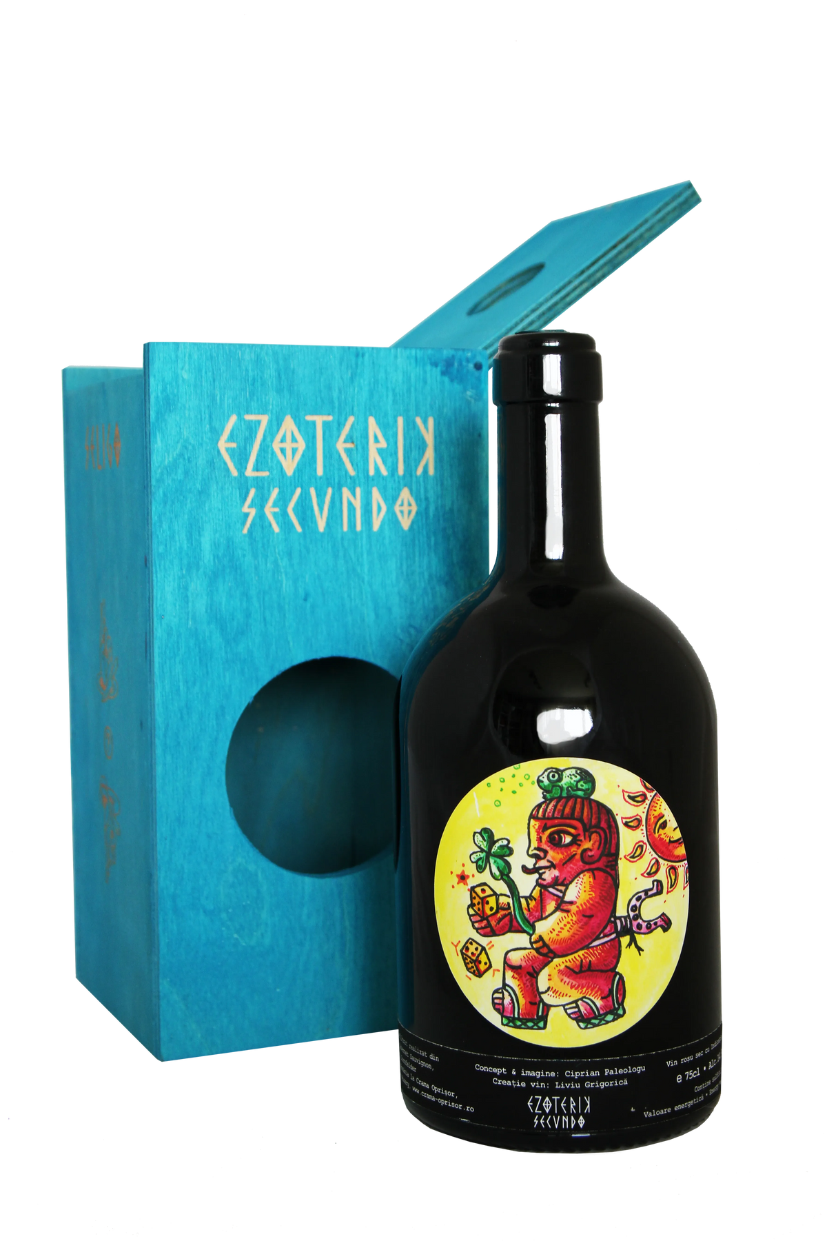 Black bottle of Ezoterik Secundō tequila with vibrant label, presented in a teal wooden box. 750ml.